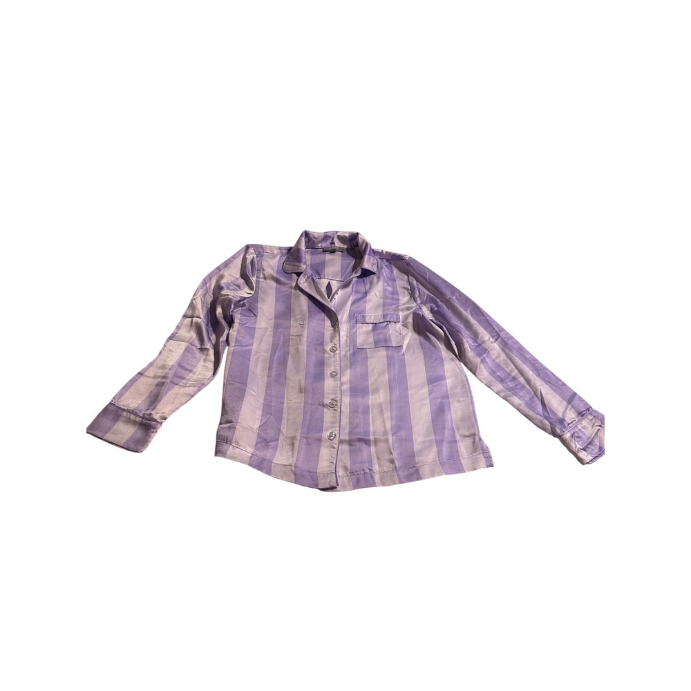 LOFT Sleep Satin Notch Collar Pajama TOP Candy Stripe Lavender White Size S